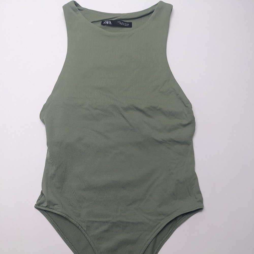 ZARA ONE PIECE HALTER NECK OLIVE GREEN BODY SUIT SIZE SMALL NEVER USED